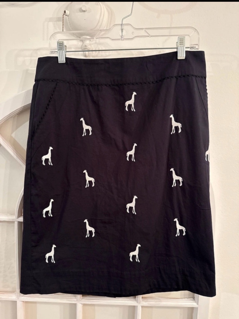 Size 10 Anthropologie midi skirt. Black with white Embroidered Giraffes. - Picture 1 of 3